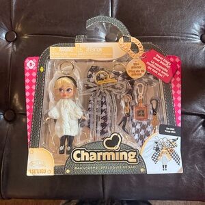 Charming Bag Charms Set with Blonde Doll - Black, White & Gold